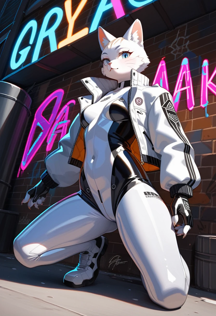 animation, Highest quality, Highest quality, High quality illustrations, masterpiece, Ultra-high resolution, Detailed Background, Alley, Graffiti art on the wall, Absurd, Perfect Anatomy, performance, Good lighting, Shadows in the movies(kemono, Furry PersonifiCation), Cat, Blueskin, White Rubber Suit, latex, neon, neonライト, neonカラー, Bodysuits, Cyber Suit, Leather Half Jacket, cyber punk, Dynamic Angle