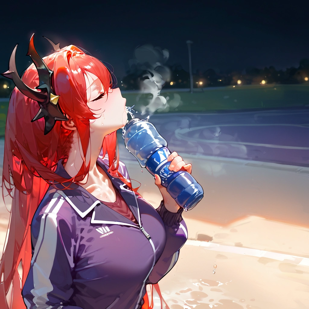 score_9, score_8_up, score_7_up, score_6_up,floox style,surtr, arknights, red hair,big breasts,,collarbone, jacket,purple jacket, purple track suit, sportswear, standing, steam, steaming body, sweat,, track jacket, track pants, track suit, outdoors, pours water on face, water bottle, solo,closed eyes, head up, spilling, long hair