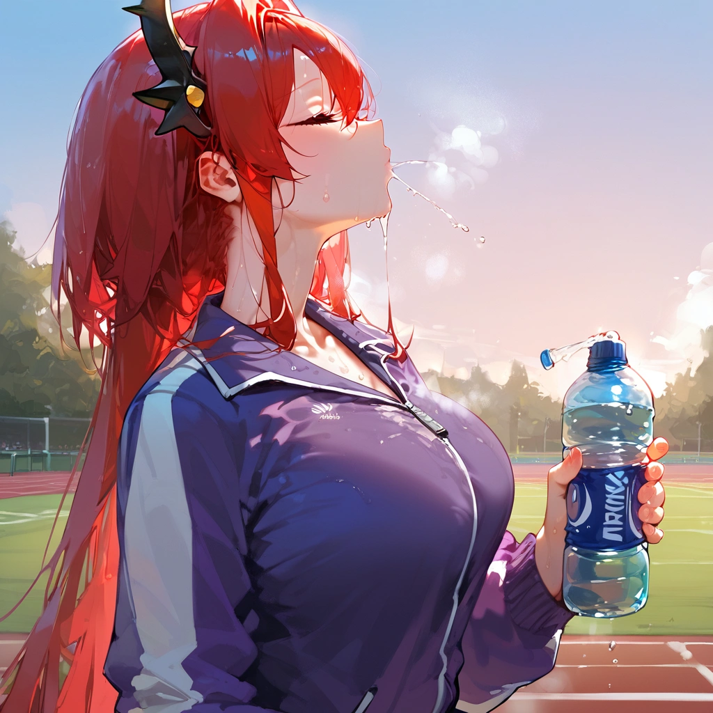 score_9, score_8_up, score_7_up, score_6_up,floox style,surtr, arknights, red hair,big breasts,,collarbone, jacket,purple jacket, purple track suit, sportswear, standing, steam, steaming body, sweat,, track jacket, track pants, track suit, outdoors, pours water on face, water bottle, solo,closed eyes, head up, spilling, long hair