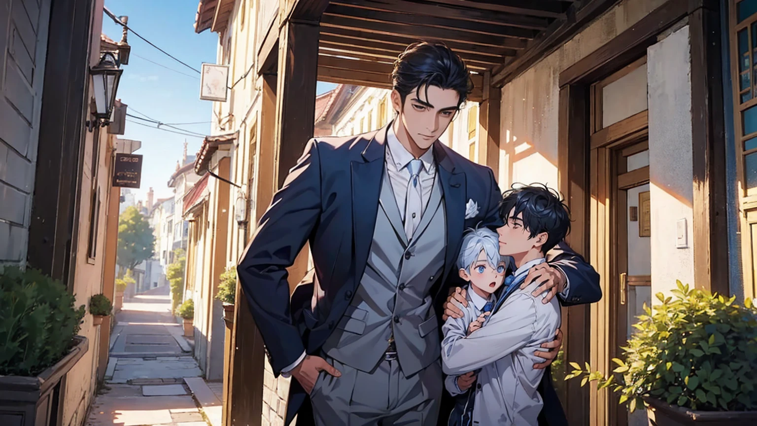 (((masterpiece))), ((Highest quality)), ((Super detailed)), (CG illustration), Happy parent-child scene。The resurrected form of Emperor Constantine and the twins Crispus and Fausta.、Father and son landscape。「Varna, Bulgaria、Under the clear blue sky、A summer evening where a stylish modern mansion shines。As the bright sunlight envelopes the sea and the mansion、A young father in his 30s hugs his twin sons tightly and warmly on his way home from work。The father's face was filled with deep love, retribution and forgiveness.、I can see the look of relief on his face, having overcome his past mistakes.。The children have innocent, naive smiles、He buried his face in his father's shoulder and looked relieved.。Light and shadow gently intersect、A scene that creates a warm and moving atmosphere overall.。」Love。Love, forgiveness, healing and purification。Detailed and delicate。lyrical。Heartful