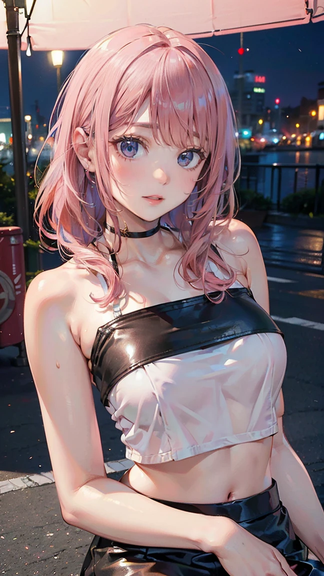 (Masterpiece, BestQuality:1.3), (ultra detailed:1.2), (hyperrealistic:1.3), (RAW photo:1.2), High detail RAW color photo, professional photograph, (Photorealistic:1.4), (realistic:1.4), (Pink Hair:1.5), professional lighting, perfect anatomy, (Big Breasts:1.2), (blush, detailed face), (A happy smile:1.7), sexly, erotic sexly, Random sexy gravure poses, (Black tube top and leather skirt、The background is a night city、Pull down the tube top a little to emphasize the chest area.、Leaning on the bike。:1.3)