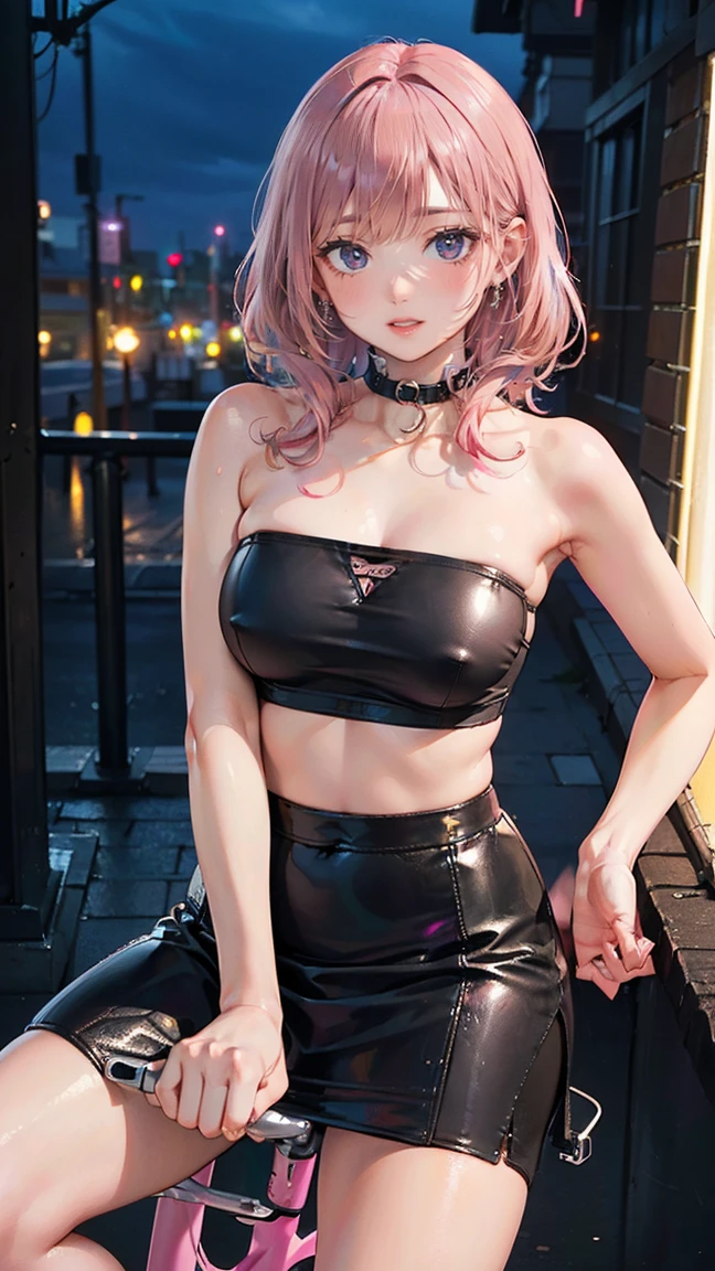 (Masterpiece, BestQuality:1.3), (ultra detailed:1.2), (hyperrealistic:1.3), (RAW photo:1.2), High detail RAW color photo, professional photograph, (Photorealistic:1.4), (realistic:1.4), (Pink Hair:1.5), professional lighting, perfect anatomy, (Big Breasts:1.2), (blush, detailed face), (A happy smile:1.7), sexly, erotic sexly, Random sexy gravure poses, (Black tube top and leather skirt、The background is a night city、Pull down the tube top a little to emphasize the chest area.、Leaning on the bike。:1.3)