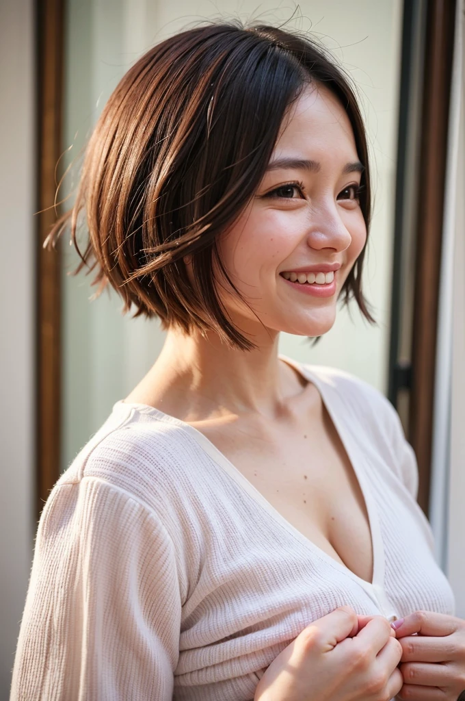 Top quality, 1 beautiful woman, super short Hair, Giddy Smile, wearing Blouse, Close Up, sexy