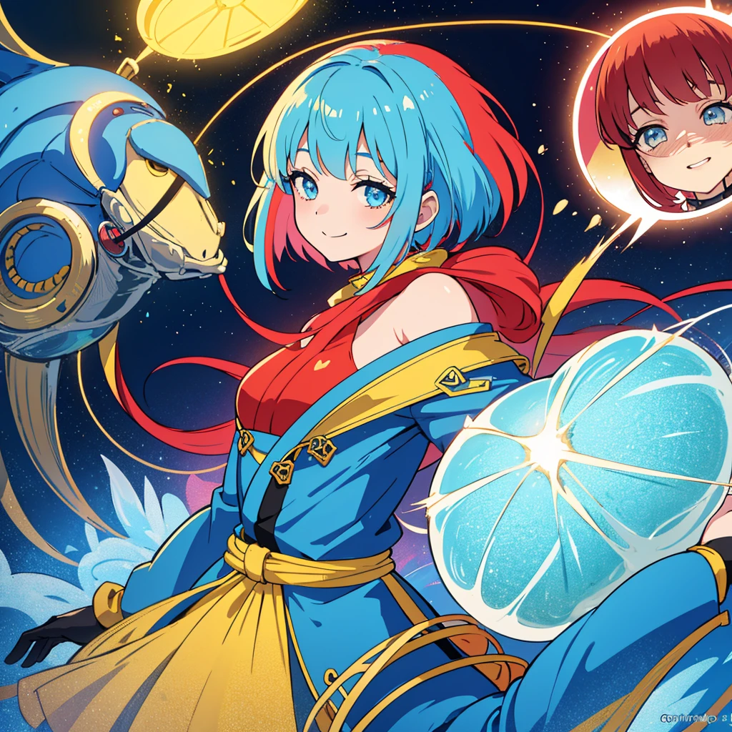 1 girl,Redhead Bob Cut、Long Bangs、Blue eyes、Light blue and yellow kimono 、Cute smile、profile、To you、profile,In 8K, Surreal, Lens flare,A fun atmosphere, Shine, complicated, Many colors, Bright lighting, Trending on Art Station,, Surreal, , Extremely detailed, Unreal Engine 5, masterpiece, Highest quality、Upper Body