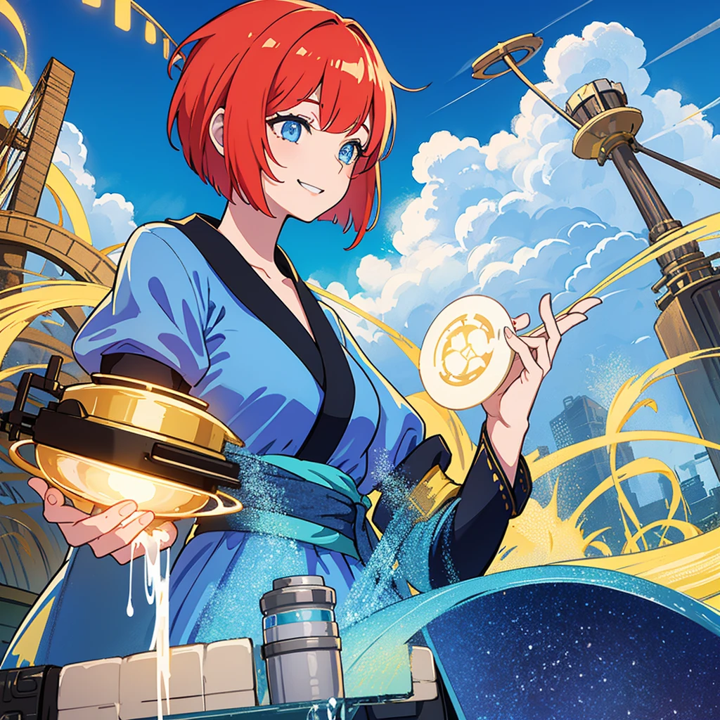 1 girl,Redhead Bob Cut、Long Bangs、Blue eyes、Light blue and yellow kimono 、Cute smile、profile、To you、profile,In 8K, Surreal, Lens flare,A fun atmosphere, Shine, complicated, Many colors, Bright lighting, Trending on Art Station,, Surreal, , Extremely detailed, Unreal Engine 5, masterpiece, Highest quality、Upper Body