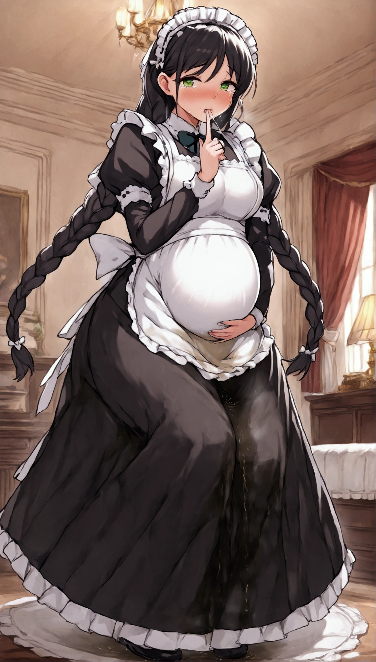 Anime. 1 girl. Housemaid. Ssbbw. Pregnant. Black hair. Long hair. Hair is gathered in braids. Green eyes. Beautiful eyes. Perfect eyes. Expressive eyes. Beautiful nose. Snotty nose. Snot flows from the nose. Very thick body. Very thick hands. Very thick legs. Big fat belly. Big fat ass. Big breasts. Beautiful breasts. Maid uniform. Standing. Full height. Living room of a luxury mansion. Cold. Runny nose. Nasal mucus. Snot. Wants to sneeze. You need to sneeze. Sneezes. Sneezes with snot. Snot comes out of her nose when she sneezes. Handkerchief. She covers her nose with her hands and a handkerchief. Blows his nose. Wants to pee. Need to pee. She peed herself. Urine runs down my thighs. Embarrassment. Blush. Tears in my eyes. Cry. Whole body. Extremely detailed CG Unity 8k wallpaper. Ideal lighting. Ultra high resolution 4K. Super detailed 8K resolution.