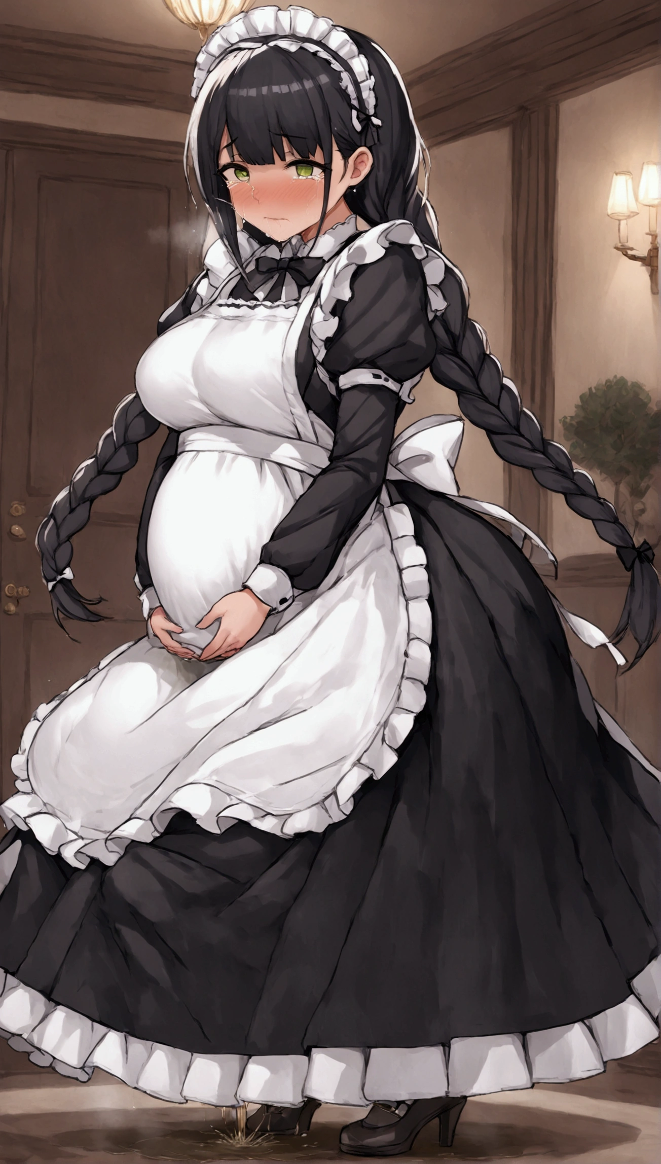 Anime. 1 girl. Housemaid. Ssbbw. Pregnant. Black hair. Long hair. Hair is gathered in braids. Green eyes. Beautiful eyes. Perfect eyes. Expressive eyes. Beautiful nose. Snotty nose. Snot flows from the nose. Very thick body. Very thick hands. Very thick legs. Big fat belly. Big fat ass. Big breasts. Beautiful breasts. Maid uniform. Standing. Full height. Living room of a luxury mansion. Cold. Runny nose. Nasal mucus. Snot. Wants to sneeze. You need to sneeze. Sneezes. Sneezes with snot. Snot comes out of her nose when she sneezes. Handkerchief. She covers her nose with her hands and a handkerchief. Blows his nose. Wants to pee. Need to pee. She peed herself. Urine runs down my thighs. Embarrassment. Blush. Tears in my eyes. Cry. Whole body. Extremely detailed CG Unity 8k wallpaper. Ideal lighting. Ultra high resolution 4K. Super detailed 8K resolution.