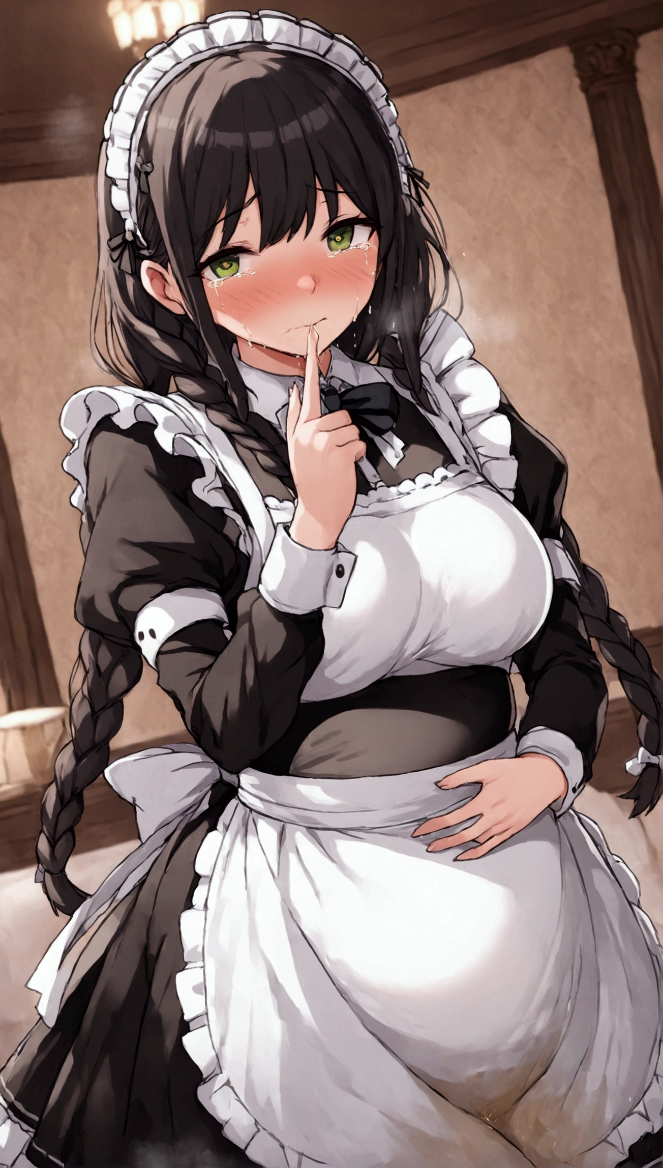 Anime. 1 girl. Housemaid. Ssbbw. Pregnant. Black hair. Long hair. Hair is gathered in braids. Green eyes. Beautiful eyes. Perfect eyes. Expressive eyes. Beautiful nose. Snotty nose. Snot flows from the nose. Very thick body. Very thick hands. Very thick legs. Big fat belly. Big fat ass. Big breasts. Beautiful breasts. Maid uniform. Standing. Full height. Living room of a luxury mansion. Cold. Runny nose. Nasal mucus. Snot. Wants to sneeze. You need to sneeze. Sneezes. Sneezes with snot. Snot comes out of her nose when she sneezes. Handkerchief. She covers her nose with her hands and a handkerchief. Blows his nose. Wants to pee. Need to pee. She peed herself. Urine runs down my thighs. Embarrassment. Blush. Tears in my eyes. Cry. Whole body. Extremely detailed CG Unity 8k wallpaper. Ideal lighting. Ultra high resolution 4K. Super detailed 8K resolution.