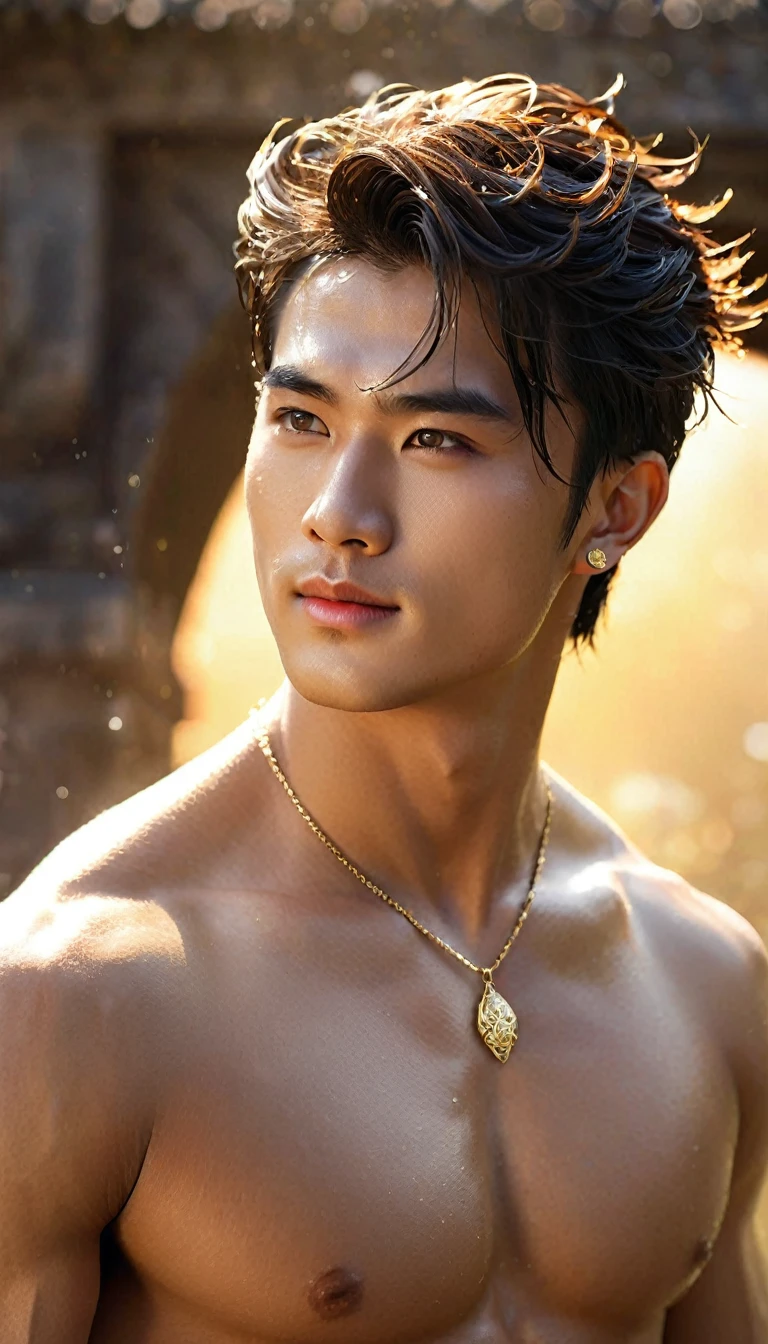 very handsome guy;
Age: from 18-20 years old;
skin: tanned, healthy, smooth texture, detailed;
hair: golden red, smooth, flowing in the sunlight, detailed;
eyes: jet black, seductive, sharp, realistic, sparkling, wet, super detailed;
eyelids: delicate, perfectly beautiful, detailed;
Eyebrows: arched, bold, sharp, detailed;
face: handsome as a god, saintly, light makeup, perfectly proportioned, beautiful in every detail, extremely sharp focus;
nose: big, masculine, high, detailed;
teeth: radiant smile, pure white, detailed;
body: energetic, masculine, muscular;
accessories: watches, belts;
chest: big and bold, detailed, strong, masculine;
Photo quality: masterpiece, highest quality, non-NSFW, 8K CG HD, sharp, super beautiful graphics, professional, detailed, brilliant colors, super smooth, advanced techniques, true RAW ;
lighting: complex color scheme, golden-black rays;
sunlight: sparkling, illuminating the boy's body;
Background: ancient Asian battlefield, feudal period;
((boy wearing golden armor, ornately decorated dragon scales; wearing long golden boots with fancy decorations; necklaces, necklaces and jewelry made of solid gold; wearing large gold earrings));
((close-up photo of the young man's face));