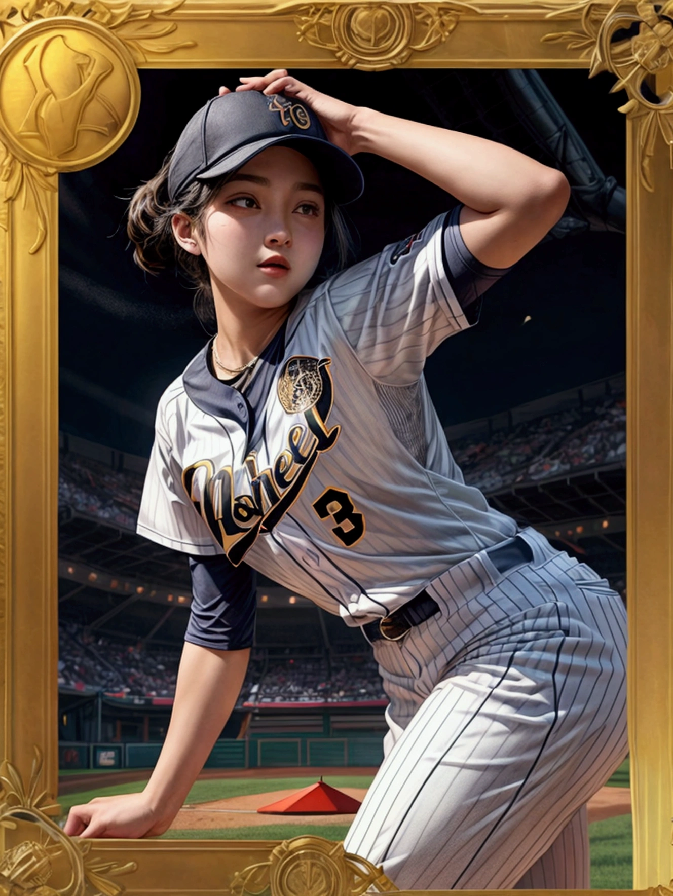 masterpiece,Highest quality,8K,High resolution,Raw photo,Professional,
Physically Based Rendering,Thin contours,
(Tarot card frame and background with rounded corners:1.3)
Two-digit Roman numerals,Baseball stadium at night, beauty league game, bright with stadium lights (Many spectators:1.1),
One beautiful woman, perfect face and body, detailed face, perfect anatomy, live action photos
(Beautiful woman swinging the bat in the batter's box:1.2)
Front view of beautiful woman
(Baseball Player Uniforms),