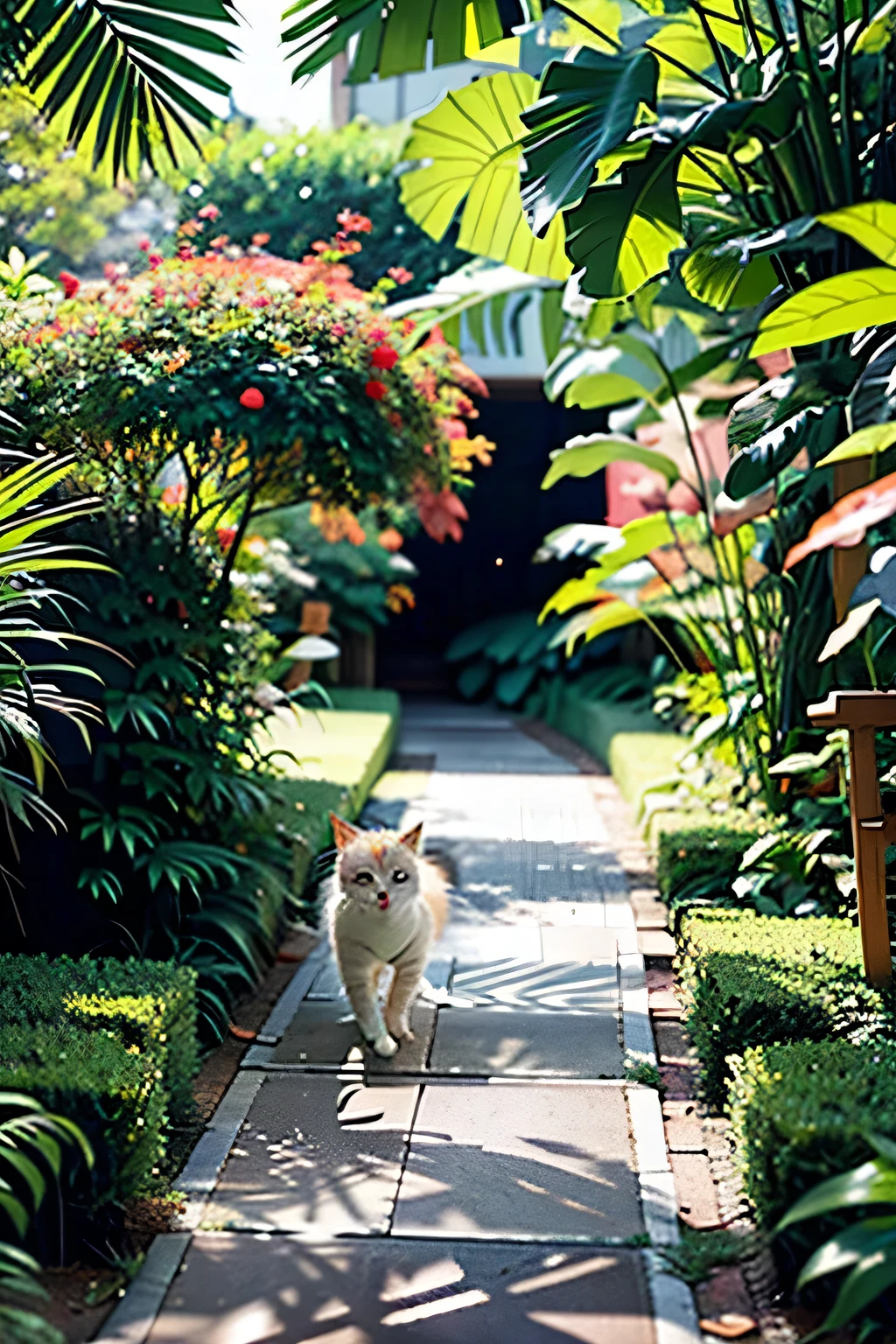 A white and orange tabby cat，Happily wandering through the lush garden，As if chasing something。Its eyes are wide open，Full of joy，Jogging forward，While walking，Scanning the branches、Flowers and leaves。The path is narrow，It can only squeeze through the plants on both sides.。This scene was shot from a ground level perspective.，Follow the cat closely，Gives an intimate and low perspective。The tone of the picture is warm，The texture is a bit rough，Just like the scene in。Sunlight scattered among leaves and plants，Create a warm contrast，Highlights the cat&#39;s orange fur。The lens is clear and sharp，The depth of field is shallow。