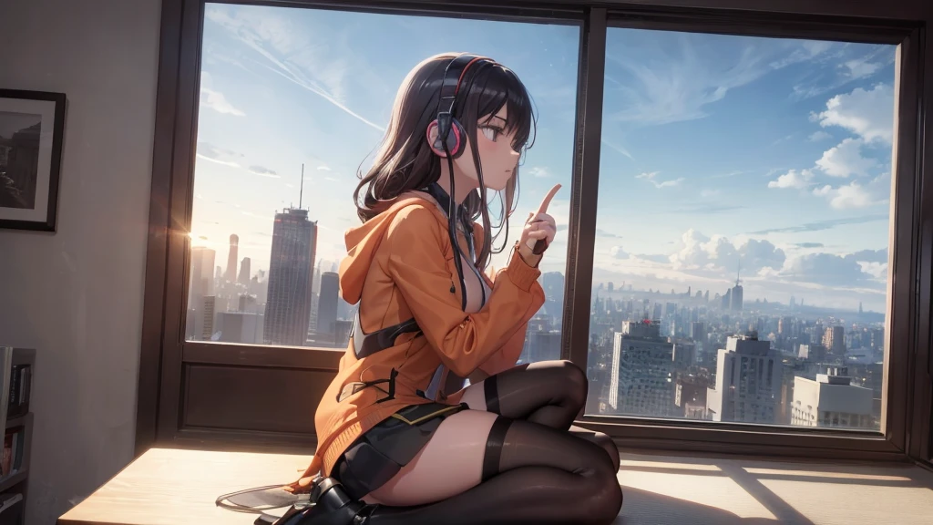 Ultra-high resolution, 8K, (Official Art, beautifully、mysterious:1.2), Anime Art Wallpaper, Works by Makoto Xin Haicheng, Lofi Art Style, Lo-fi feel, Perfect human body composition, Anatomically correct limbs, Structurally correct fingers, Impressive eyes, Oversized hoodie and short skirt, Shiny long black hair, Larger than average bust, Girl listening to music with headphones, Looking out the window, City Room, A room for music lovers, city view from the window, Impressive cityscape, Bright Sky, meteor, Wide angle, Before dusk