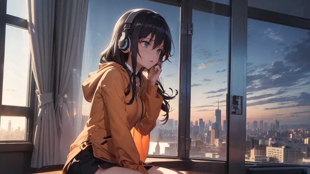 Ultra-high resolution, 8K, (Official Art, beautifully、mysterious:1.2), Anime Art Wallpaper, Works by Makoto Xin Haicheng, Lofi Art Style, Lo-fi feel, Perfect human body composition, Anatomically correct limbs, Structurally correct fingers, Impressive eyes, Oversized hoodie and short skirt, Shiny long black hair, Larger than average bust, Girl listening to music with headphones, Looking out the window, City Room, A room for music lovers, city view from the window, Impressive cityscape, Bright Sky, meteor, Wide angle, Before dusk