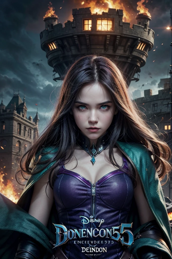 Create a movie poster,descendants 5 with the evil character with the green eye,com a logo da Disney,and behind her with the destroyed castle of Araudon