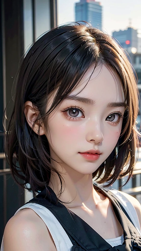 One Girl，(1人のとてもcute女の子:1.3)，masterpiece，Highest quality，High resolution，From below，Low - Angle，Photorealistic，RAW Photos，Ray Tracing，Physically Based Rendering，beautiful girl，(:1.3)，cute，Big eyes，(detailed pupils:1.2)，(The face is facing straight ahead:1.3)，Body facing forward，Beautiful nose，High nose，Upturned nose，Fuller lips，Short black hair，ponytail，short hair，Detailed eyelashes，Thin eyebrows，Very fine grain definition，(Symmetrical eyes，Golden Ratio:1.3)，(Face close-up，Face Focus:1.0)，Small breasts，Short neck，Sailor suit，uniform，A city with slopes，Downtown，sunset，Sunset，Portrait，View Viewer，Upper Body，Cinema Lighting，High resolution，Very detailed