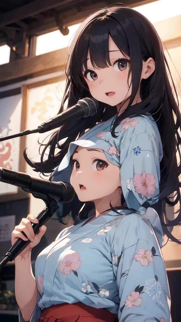 masterpiece、Ultra-detail、intricate detailes、Realistic texture、Unevenness of the human body、realistic in every detail、top-quality、Surrealist works、Women are detailed and realistic、Women in colorful yukata with floral patterns and polka dots、、Two Girls、Sisters、singer、Singing on stage、Hold the microphone、
