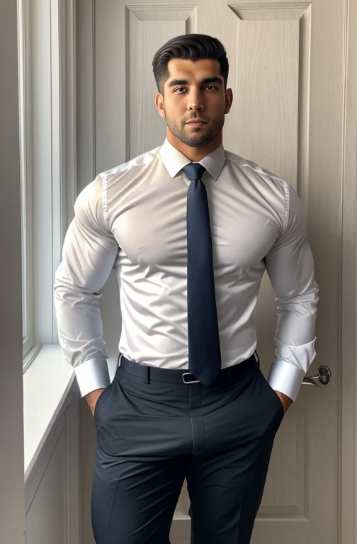1man, a 20-year-old middle eastern muscular man with wide shoulder, wide chest, wide arms, biceps, triceps, wide muscle legs, thighs, calfs, wearing a formal cuff folded white shirt and tie, formal navy pant, brown shoes, black socks, hands in formal trouser pockets, body structure correct, standing in front of a window, soft lighting, masterpiece, best quality, 8k ultra HD, DSLR camera, Midjourney and greg rutkowski's Fujifilm XT3 realistic, vpl, hunk in formal suit