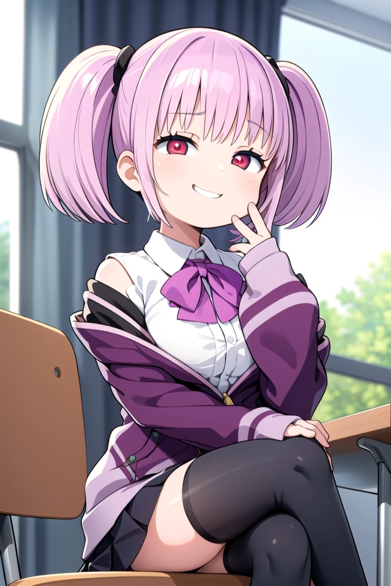 1girl, grin, :3, twintails, upper body, hand to own mouth, looking at viewer, half-closed eyes, hoodie, pink hair, blue eyes,Masterpiece, Best quality, A high resolution, Akane Shinjo, 1girll, Solo, Pantyhose, shirt, bow, Skirt, purple jacket, Jacket, White shirt, Long sleeves, Short hair, Black skirt, Collared shirt, Black pantyhose, Open clothes, neck bowtie, Purple bow, Breasts, bangs, Red eyes, Pleated skirt, cropped shoulders, Open jacket, sleeves past wrists, Light purple hair, Purple bow tie, Miniskirt, Cowboy shot, Classroom,((crossed legs)), boots,