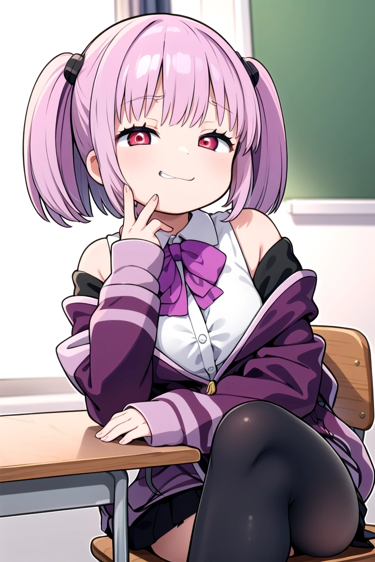 1girl, grin, :3, twintails, upper body, hand to own mouth, looking at viewer, half-closed eyes, hoodie, pink hair, blue eyes,Masterpiece, Best quality, A high resolution, Akane Shinjo, 1girll, Solo, Pantyhose, shirt, bow, Skirt, purple jacket, Jacket, White shirt, Long sleeves, Short hair, Black skirt, Collared shirt, Black pantyhose, Open clothes, neck bowtie, Purple bow, Breasts, bangs, Red eyes, Pleated skirt, cropped shoulders, Open jacket, sleeves past wrists, Light purple hair, Purple bow tie, Miniskirt, Cowboy shot, Classroom,((crossed legs)), boots,