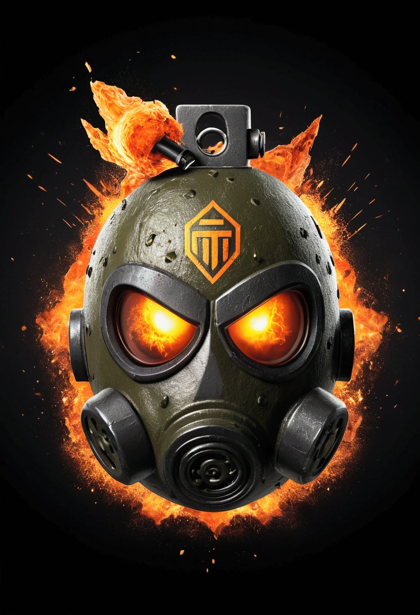 LOGO explosive grenade with face, evil feature, War scenario with a lot of destruction, bombi, dynamite, 8k resolution, a logo of the company TNT ESPORTS..