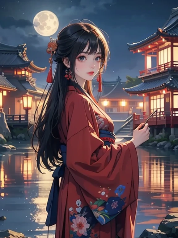 (Highest quality、masterpiece、High resolution、8K)、Vibrant colors、Japanese Festivals、Digital Art、City of night、Midsummer evening、A beautiful full moon in the distance、A beautiful girl in a yukata、