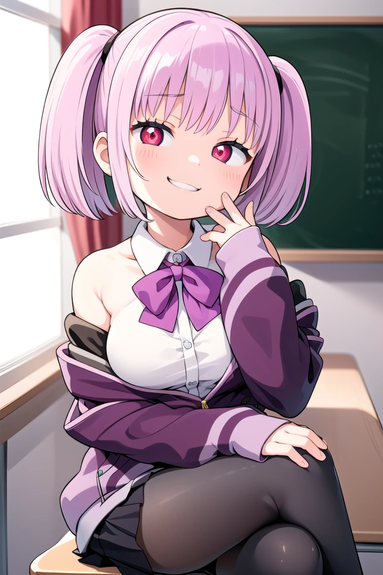 1girl, grin, :3, twintails, upper body, hand to own mouth, looking at viewer, half-closed eyes, hoodie, pink hair, blue eyes,Masterpiece, Best quality, A high resolution, Akane Shinjo, 1girll, Solo, Pantyhose, shirt, bow, Skirt, purple jacket, Jacket, White shirt, Long sleeves, Short hair, Black skirt, Collared shirt, Black pantyhose, Open clothes, neck bowtie, Purple bow, Breasts, bangs, Red eyes, Pleated skirt, cropped shoulders, Open jacket, sleeves past wrists, Light purple hair, Purple bow tie, Miniskirt, Cowboy shot, Classroom,((crossed legs)), boots,