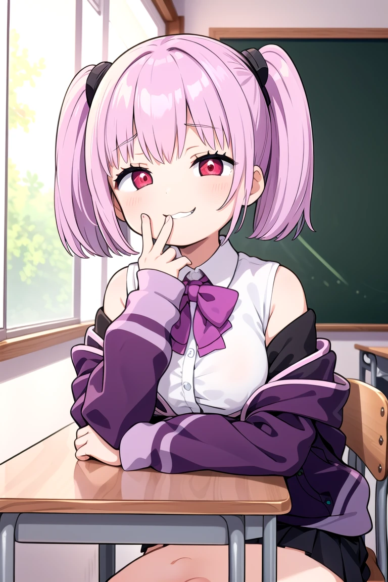 1girl, grin, :3, twintails, upper body, hand to own mouth, looking at viewer, half-closed eyes, hoodie, pink hair, blue eyes,Masterpiece, Best quality, A high resolution, Akane Shinjo, 1girll, Solo, Pantyhose, shirt, bow, Skirt, purple jacket, Jacket, White shirt, Long sleeves, Short hair, Black skirt, Collared shirt, Black pantyhose, Open clothes, neck bowtie, Purple bow, Breasts, bangs, Red eyes, Pleated skirt, cropped shoulders, Open jacket, sleeves past wrists, Light purple hair, Purple bow tie, Miniskirt, Cowboy shot, Classroom,((crossed legs)), boots,