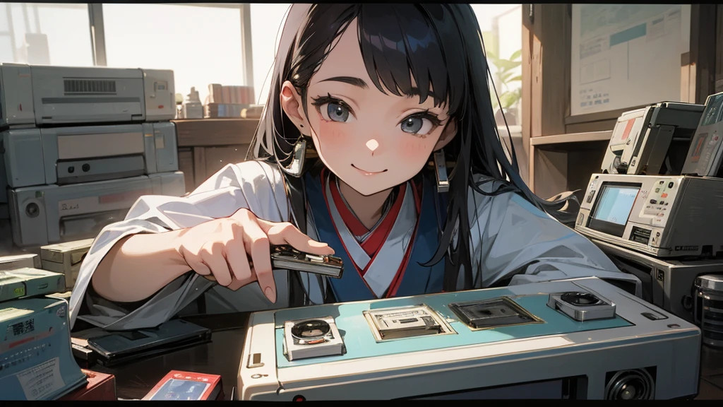 Very beautiful 18 year old Japanese woman, holding old cassette tape, cassette tape facing front, woman looks very happy.