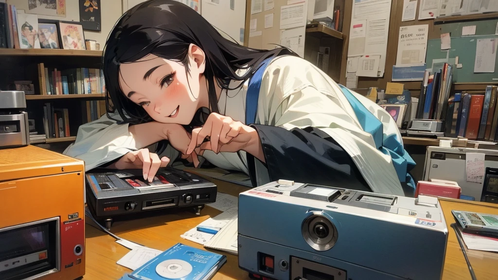 Very beautiful 18 year old Japanese woman, holding old cassette tape, cassette tape facing front, woman looks very happy.