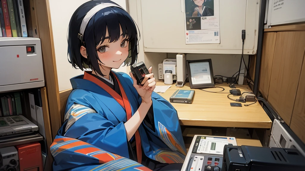 Very beautiful 18 year old Japanese woman, holding old cassette tape, cassette tape facing front, woman looks very happy.