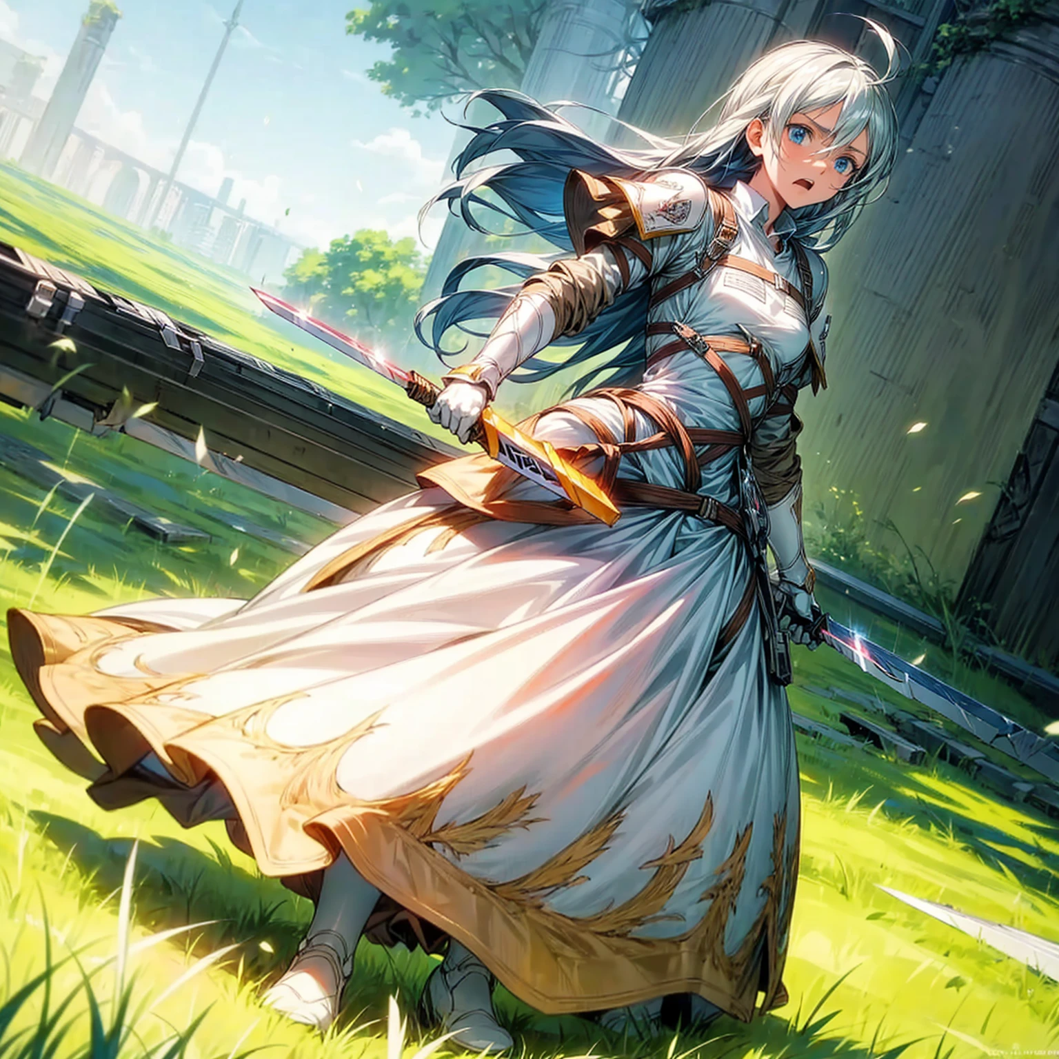 Blue eyes, white long hair, knife in hand, motion blur, white armor, (attack on Titan style art)