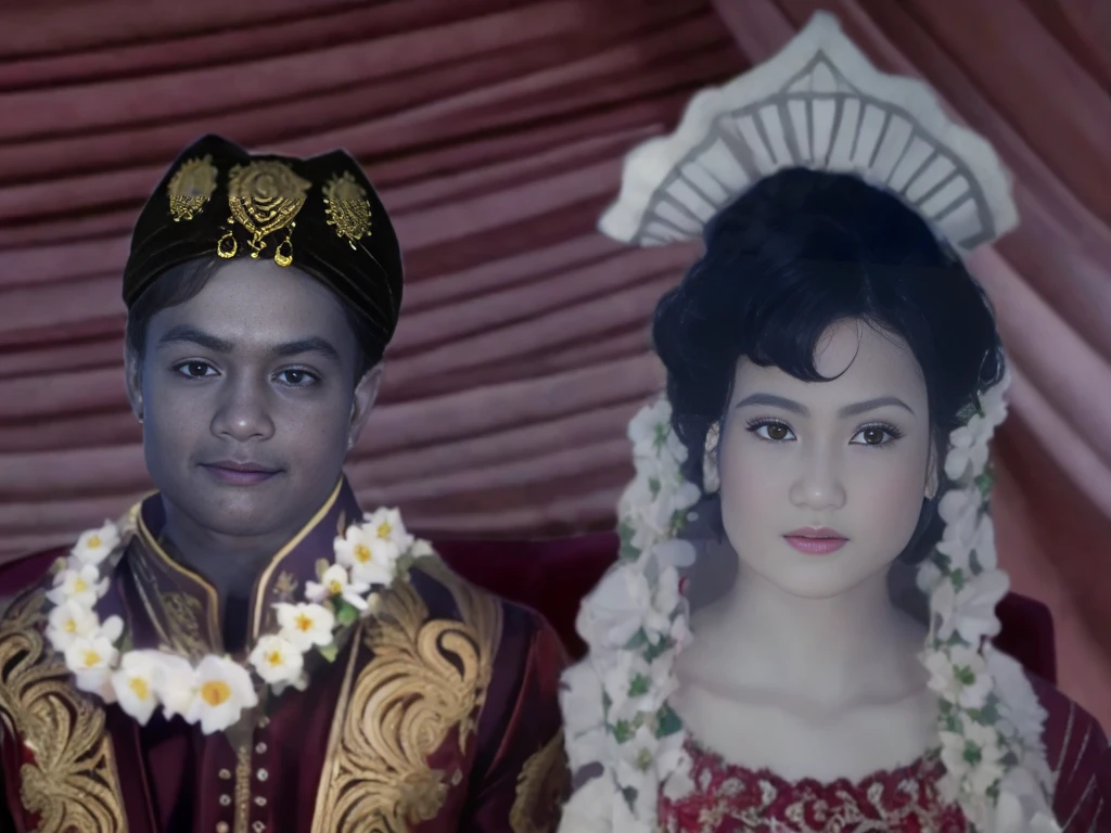 high quality, best quality, photo-realistic, raw-photo, ultra-detailed, High definition, masterpiece, intricate details, detailed texture, finely detailed, portrait of a bride and groom from Indonesia, Javanese ethnicity, The bride and groom wore traditional Javanese wedding clothes, Javanese kebaya is red, the groom wears a blangkon on his head