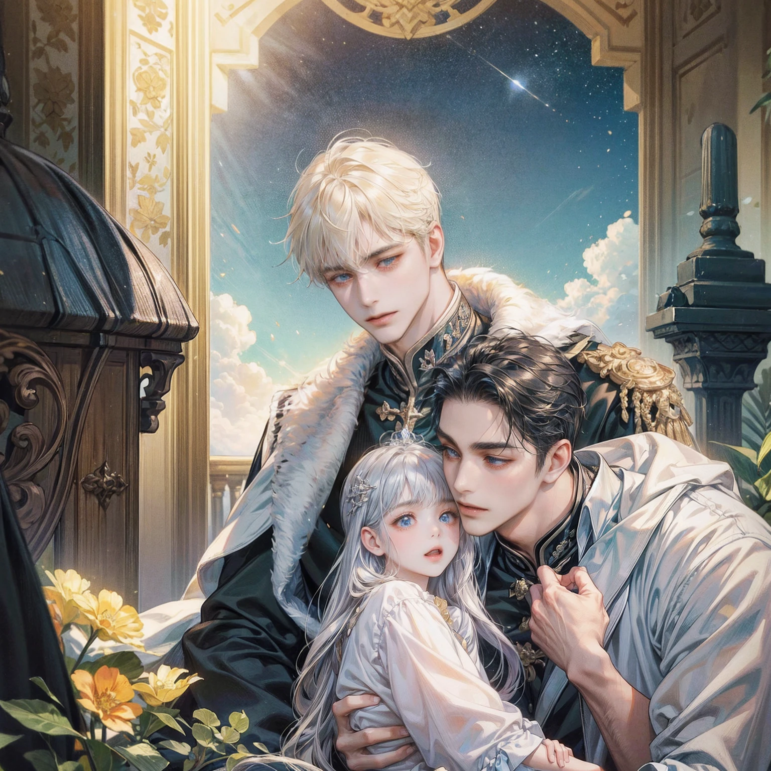(((masterpiece))), ((Highest quality)), ((Super detailed)), (CG illustration), Happy parent-child scene。The resurrected form of Emperor Constantine and the twins Crispus and Fausta.、Father and son landscape。「Varna, Bulgaria、Under the clear blue sky、A summer evening where a stylish modern mansion shines。As the bright sunlight envelopes the sea and the mansion、A young father in his 30s hugs his twin sons tightly and warmly on his way home from work。The father's face was filled with deep love, retribution and forgiveness.、I can see the look of relief on his face, having overcome his past mistakes.。The children have innocent, naive smiles、He buried his face in his father's shoulder and looked relieved.。Light and shadow gently intersect、A scene that creates a warm and moving atmosphere overall.。」Love。Love, forgiveness, healing and purification。Detailed and delicate。lyrical。Heartful