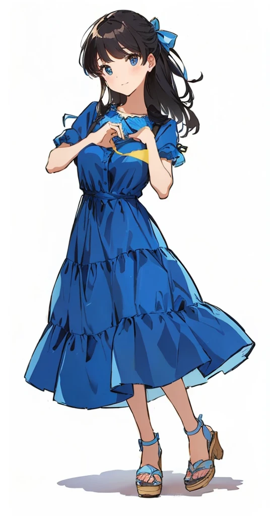 a cartoon of a woman in a Blue clothes is posing, Blue clothes, Woman wearing a dress, !!Full body portrait!!、Summer dress