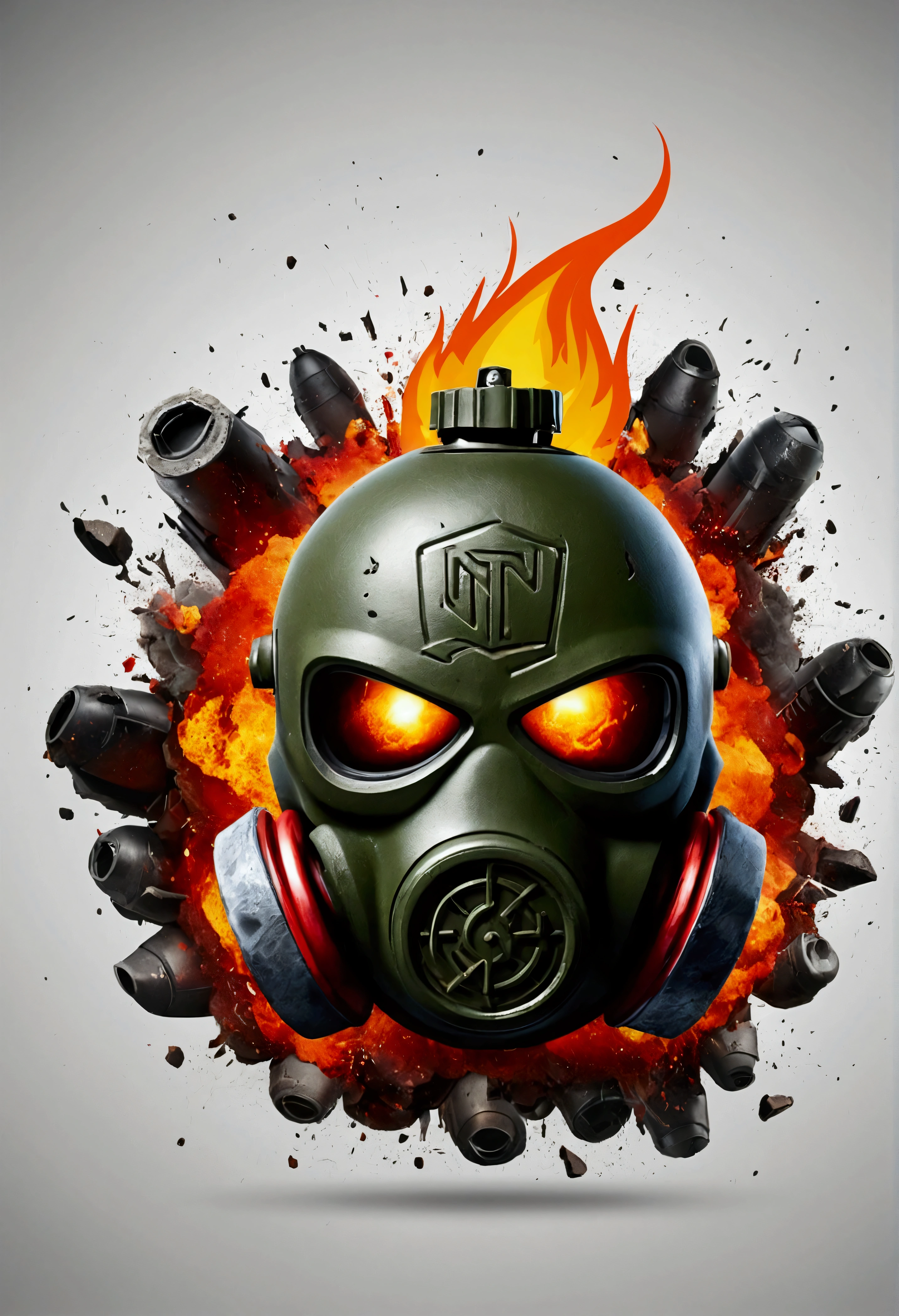 LOGO explosive grenade with face, evil feature, COMPANY BRAND LOGO TNT ESPORTS, War scenario with a lot of destruction