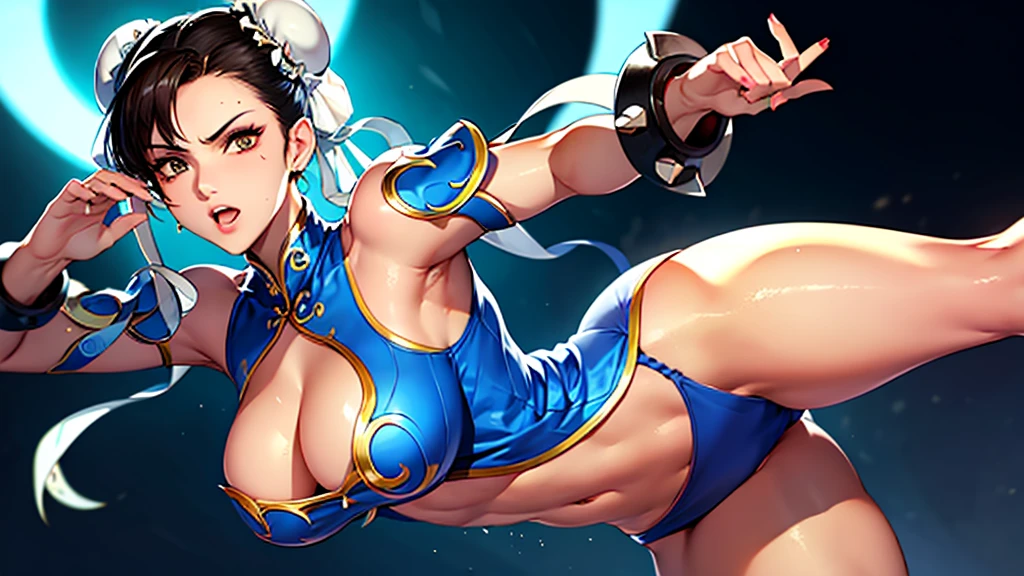 A masterpiece, high resolution, 4K,8K, perfect anatomy, bright blue top and black leggings, wearing long leggings on only right leg side, string panties, sweating, the background is a building advertisement with dazzling neon light, ((sexy body)) , ((sexy face Chun-Li)), Chun-li at the gym, athlete, street fighter of video game, extra digit, bad hands, 1girl, upper body, front view, stylish pose, looking at viewer, good applying makeup, medium breasts, cleavage, midriff peek and abs, glistening skin, nightclub background,Delete everything except the character
