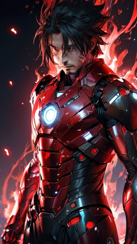 handsome character with glowing red and black armor standing in front of a fire, cyberpunk iron man Realistic