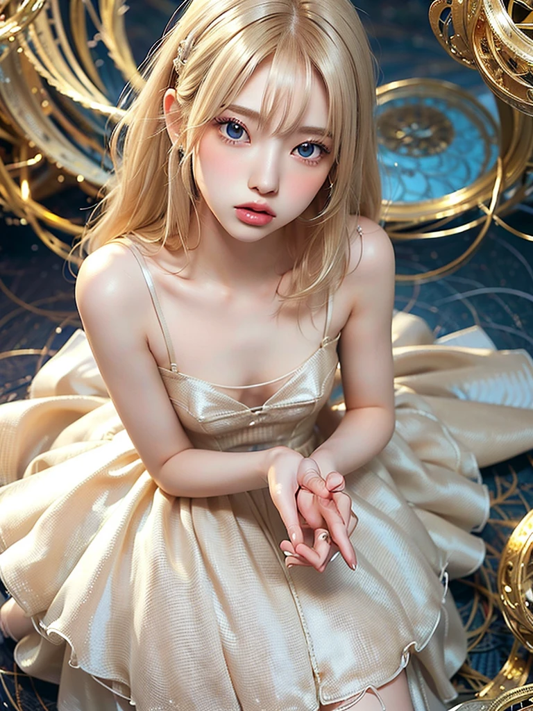 8K,Confused, High resolution, Very detailed, 1 Girl, alone, Very beautiful eyes, Ultra-precise depiction, Very detailed depiction, (Tangled:1.2), , (Abstract background:1.5), (Wedding dress:1.2 Short platinum blonde, (Shiny skin), Many colors, , (Shooting from above:1.2),Small body、Flat Body、slim、cute、、Round face、Cast a Shadow