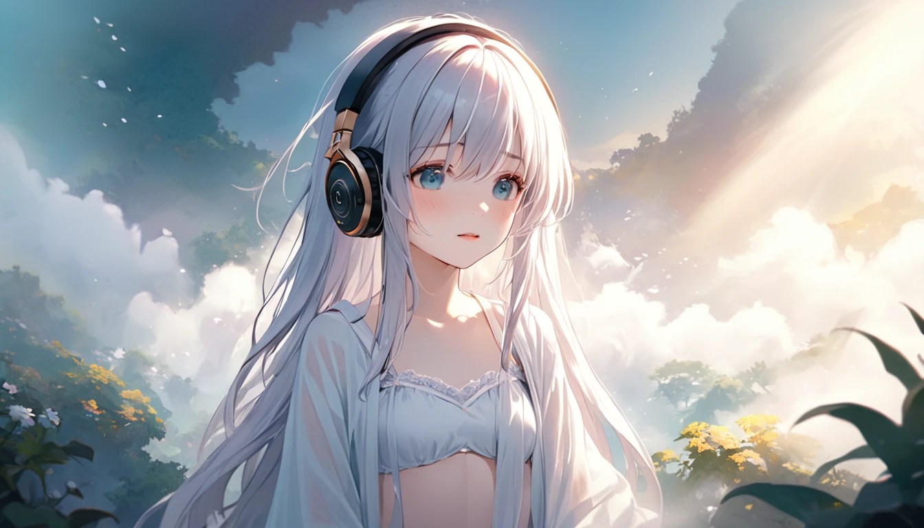 Character: One girl
Age: 18
Wearing: Large headphones
Appearance: Beautiful girl
Clothing: Revealing
Mood: Mystical

Background: Morning mist, dreamy, morning