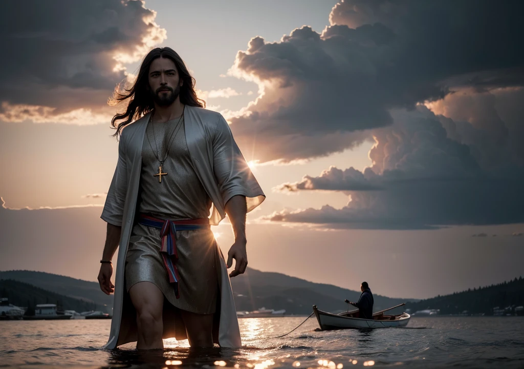 JESUS CHRIST walking on water in a lake with a boat in the background, the clothes and the time is in the time of Jesus
, illuminated background highlighting the miracle, realistic epic, Soft cinematic portrait, Adobe Lightroom, photo laboratory, highy detailed, missing, Art by Greg rutkowski and ArtGerm, Neutral Colors: 1.2), (hdr: 1.4), (subdued colors:1.2), hyperdetailed, (art station:1.4), cinematic, warm lights, dramatic light, (details Intricate:1.1), complex background, (Rutkowski:0.66), (blue and orange:0.4).1080x1920 resolution, 1 men