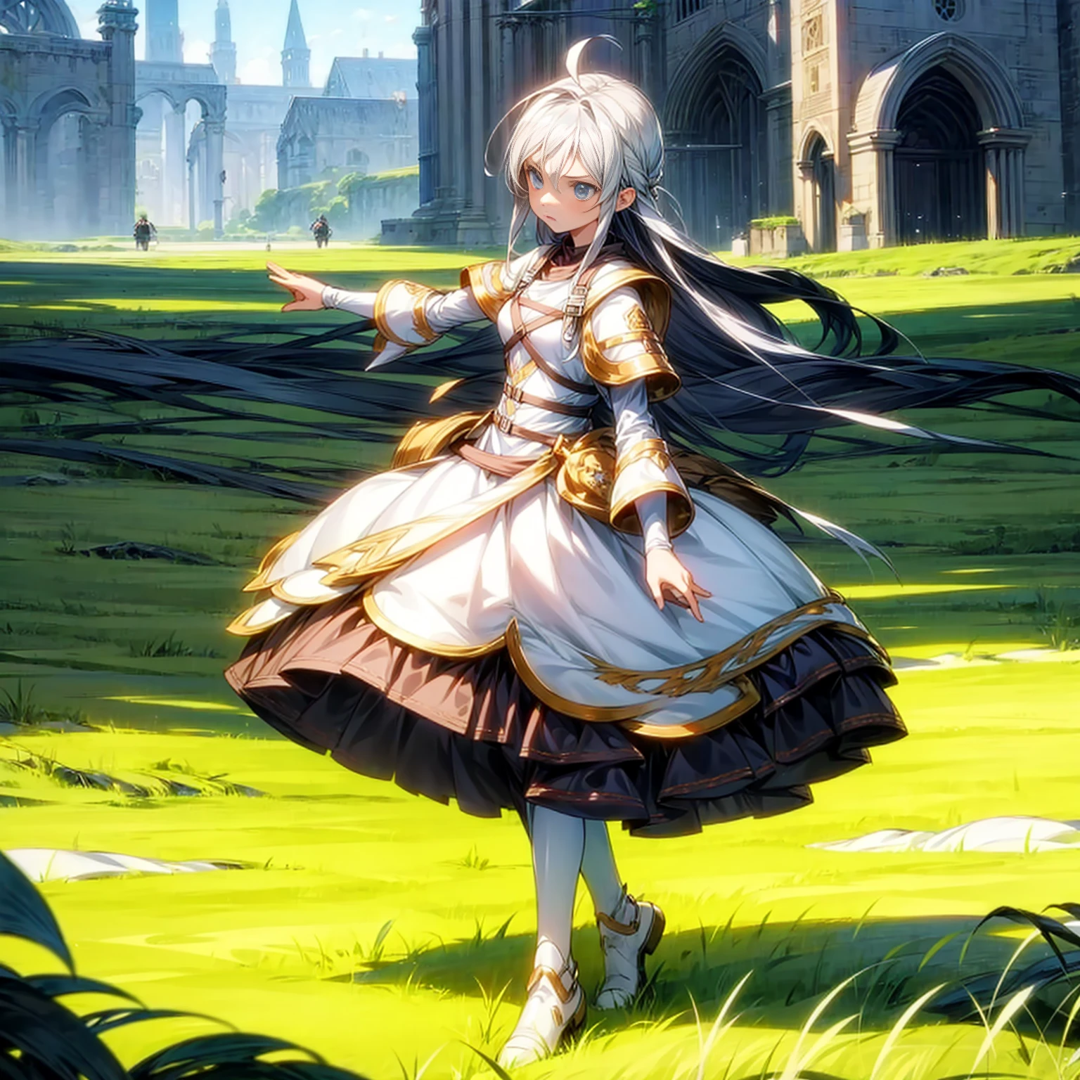 Children girl, Blue eyes, white long hair, knife in hand, motion blur, white armor, (attack on Titan style art)