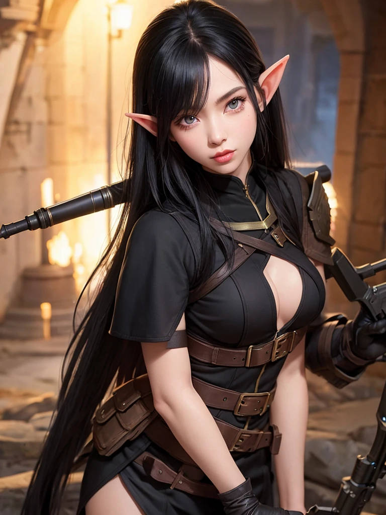 Elf beauty black hair mercenary sniper dark background