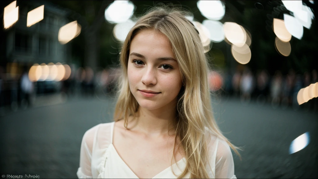 photo polaroïd, photo de nuit, photo de 15ans.ô belle femme BLONDE PETIT sein, peau PALE, bokeh, Flou de mouvement sans sous vetement