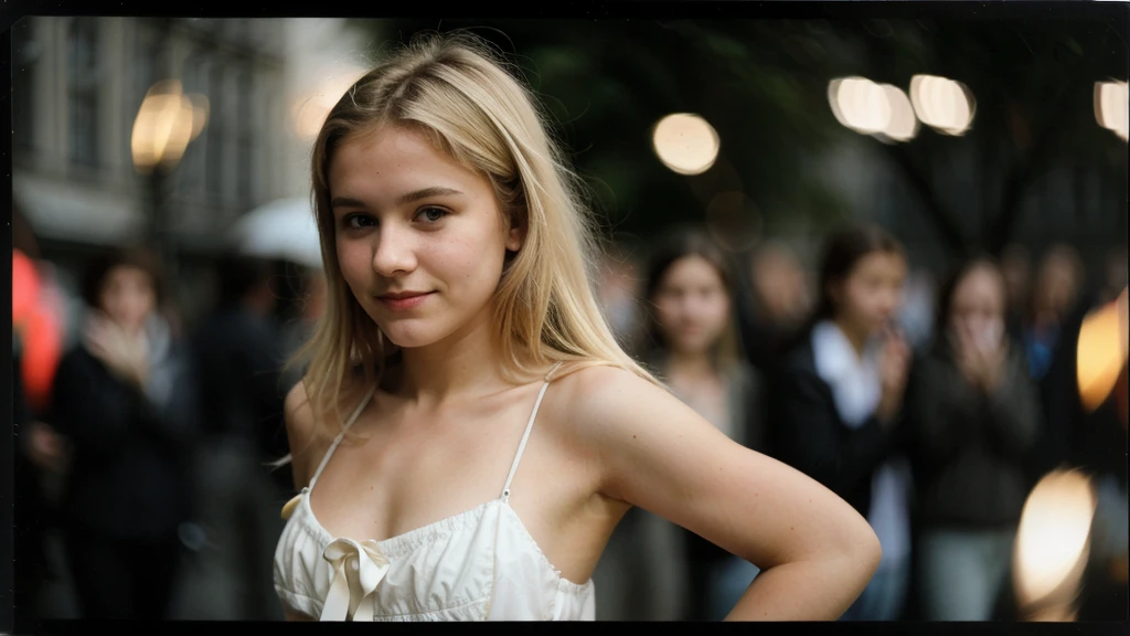 photo polaroïd, photo de nuit, photo de 15ans.ô belle femme BLONDE PETIT sein, peau PALE, bokeh, Flou de mouvement sans sous vetement