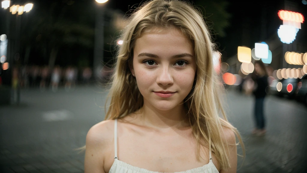 photo polaroïd, photo de nuit, photo de 15ans.ô belle femme BLONDE PETIT sein, peau PALE, bokeh, Flou de mouvement sans sous vetement