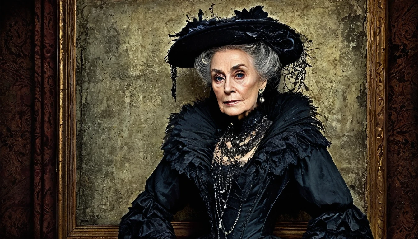 Create a digital artwork depicting an old, tattered full-body portrait of Lady Ravenwood. The portrait should be framed in an ornate, weathered frame, hanging on a wall in a dimly lit, old mansion or castle. Lady Ravenwood should be depicted in period clothing, with an eerie, regal presence. Her eyes should have an unsettling quality, giving the impression that they are following the viewer, Emily. The background of the portrait can show subtle signs of age and decay, such as cracks and faded colors. Use a dark and moody color palette to enhance the eerie and mysterious atmosphere. The overall composition should evoke a sense of unease and supernatural intrigue."