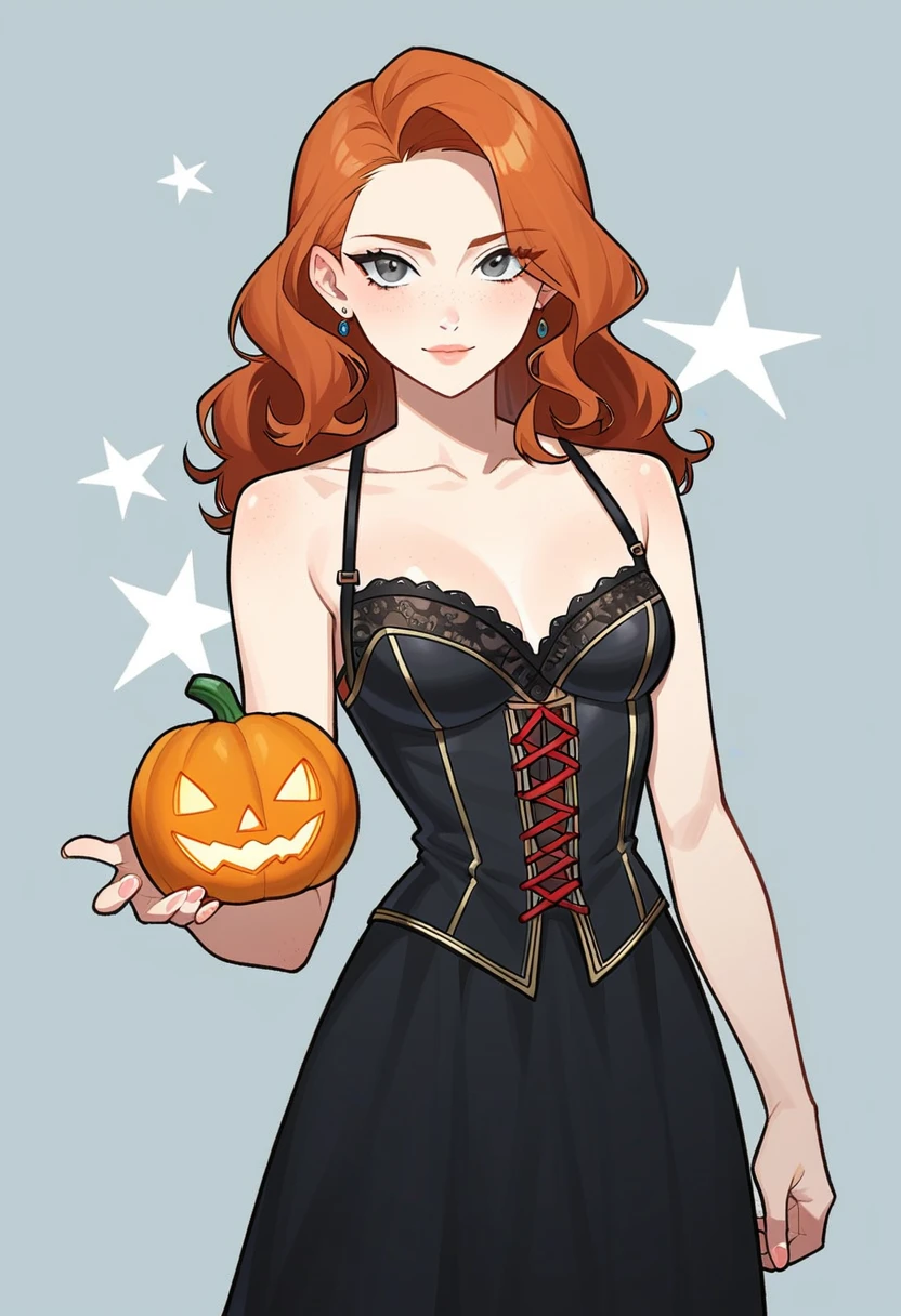 1girl in, age19, alone, Aesthetic work of art, Irish redhead, wavy red hair, schulterlanges rotes Haar, gray eyes, light grey eyes, a few small freckles, pale skin, A cup, small breasts, Runner Body, (textured skin, Hautporen:1.1), (moles:0.8), impure skin, Goose flesh, standing in a dark attic, Pumpkin lantern behind, (extremely detailed 8K wallpaper), Contre-Jour, Fülllicht, good quality, film grain, Fujifilm XT3 keen focus, f 5.6, 50mm, high detailed, keen focus,(Boudoir light), in a floor-length corset with black lace, Wear a witch's hat, wears a long skirt, crazy details, complex details, Hyperdetailed