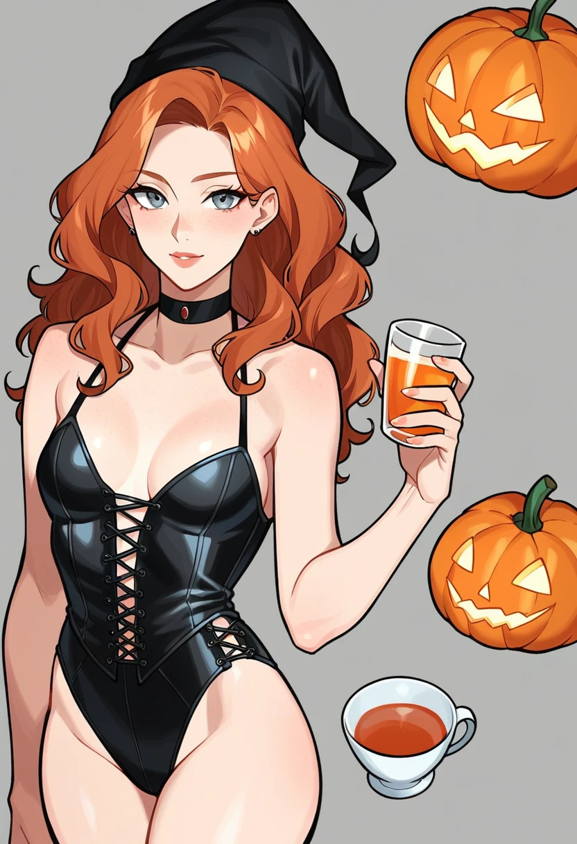 1girl in, age19, alone, Aesthetic work of art, Irish redhead, wavy red hair, schulterlanges rotes Haar, gray eyes, light grey eyes, a few small freckles, pale skin, A cup, small breasts, Runner Body, (textured skin, Hautporen:1.1), (moles:0.8), impure skin, Goose flesh, standing in a dark attic, Pumpkin lantern behind, (extremely detailed 8K wallpaper), Contre-Jour, Fülllicht, good quality, film grain, Fujifilm XT3 keen focus, f 5.6, 50mm, high detailed, keen focus,(Boudoir light), in a floor-length corset with black lace, Wear a witch's hat, wears a long skirt, crazy details, complex details, Hyperdetailed