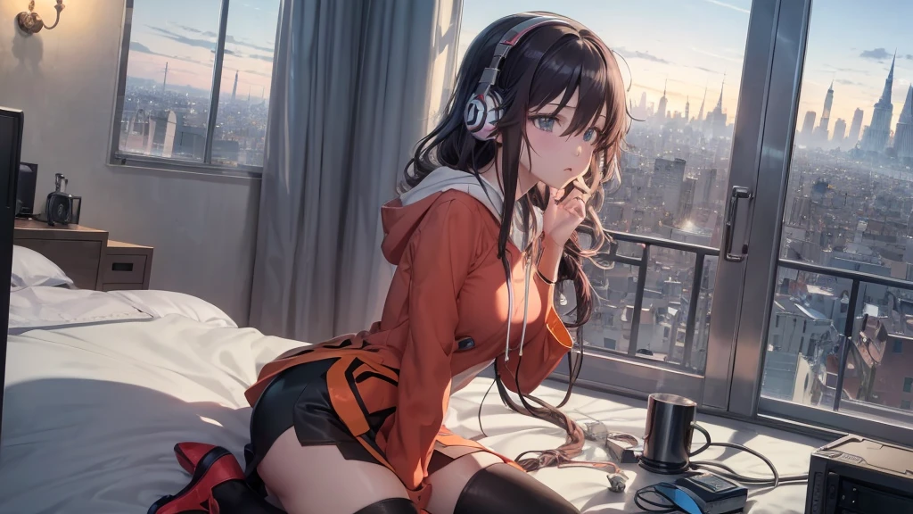 Ultra-high resolution, 8K, (Official Art, beautifully、mysterious:1.2), Anime Art Wallpaper, Works by Makoto Xin Haicheng, Lofi Art Style, Lo-fi feel, Perfect human body composition, Anatomically correct limbs, Structurally correct fingers, Impressive eyes, Oversized hoodie and short skirt, Shiny long black hair, Larger than average bust, Girl listening to music with headphones, Looking out the window, City Room, A room for music lovers, city view from the window, Impressive cityscape, Bright Sky, meteor, Wide angle, Before dusk