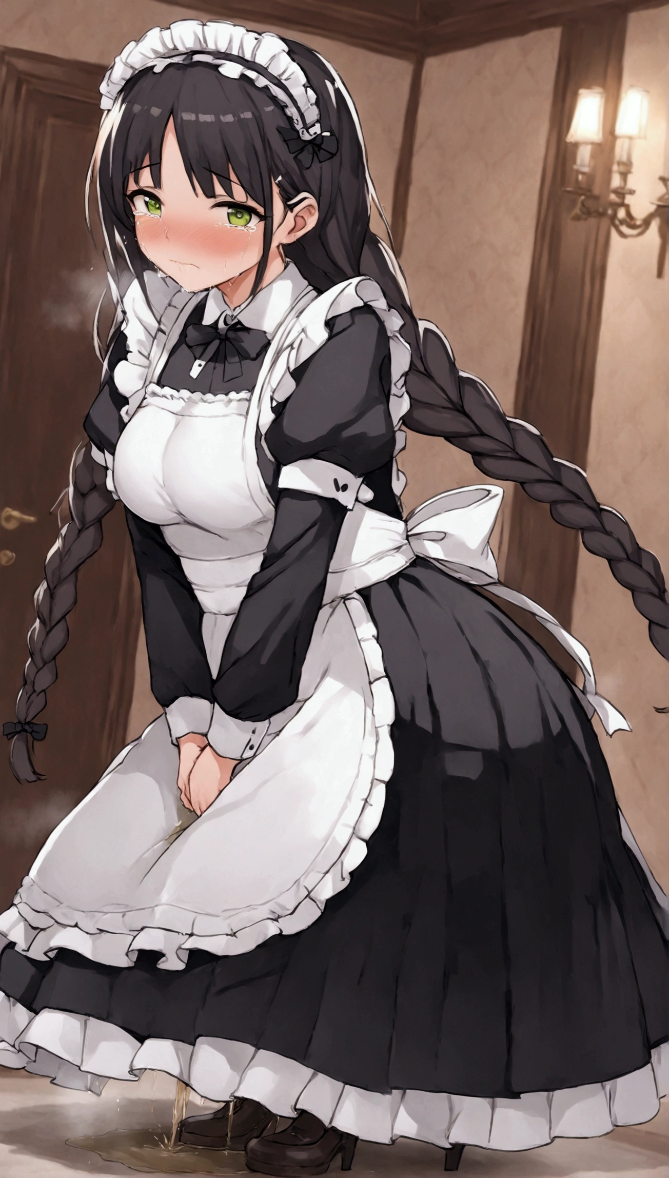 Anime. 1 girl. Housemaid. Ssbbw. Black hair. Long hair. Hair is gathered in braids. Green eyes. Beautiful eyes. Perfect eyes. Expressive eyes. Beautiful nose. Snotty nose. Snot flows from the nose. Very thick body. Very thick hands. Very thick legs. Big fat belly. Big fat ass. Big breasts. Beautiful breasts. Maid uniform. Standing. Full height. Living room of a luxury mansion. Cold. Runny nose. Nasal mucus. Snot. Wants to sneeze. You need to sneeze. Sneezes. Sneezes with snot. Snot comes out of her nose when she sneezes. Handkerchief. She covers her nose with her hands and a handkerchief. Blows his nose. Wants to pee. Need to pee. She peed herself. Urine runs down my thighs. Embarrassment. Blush. Tears in my eyes. Cry. Whole body. Extremely detailed CG Unity 8k wallpaper. Ideal lighting. Ultra high resolution 4K. Super detailed 8K resolution.